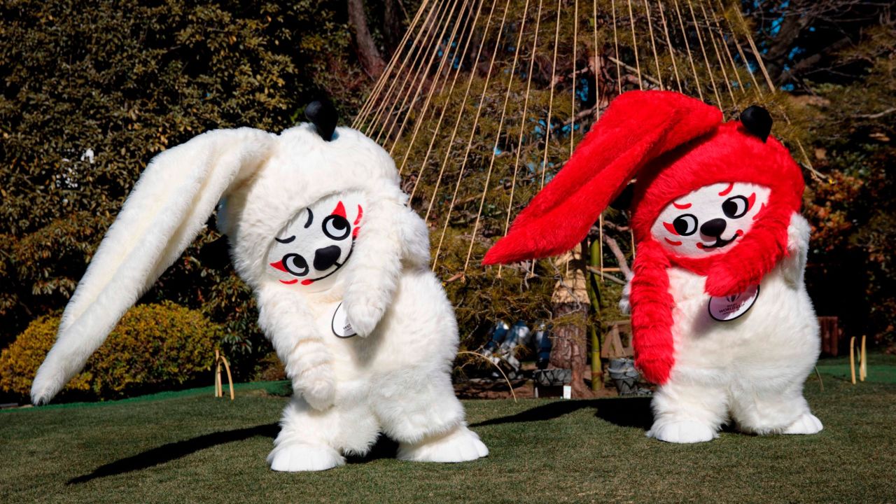 Mascots Ren (L) and G (R) gesture during a photo session to unveil the official mascots of the Rugby World Cup 2019 in Tokyo, on January 26, 2018.
Blending its love of all things cute with its rich cultural heritage, Japan on January 26 unveiled the mascots for the 2019 Rugby World Cup Friday: a pair of pot-bellied lions. / AFP PHOTO / Behrouz MEHRI        (Photo credit should read BEHROUZ MEHRI/AFP/Getty Images)