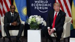 U.S. President Donald Trump meets with Rwandan President Paul Kagame, left, at the World Economic Forum, Friday, Jan. 26, 2018, in Davos, Switzerland. (AP Photo/Evan Vucci)