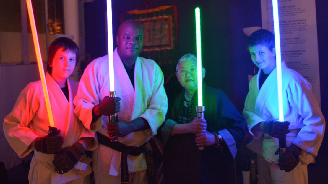 John Ellis and Mushim Patricia Ikeda with students at a workshop based on "Star Wars" at the East Bay Meditation Center. 