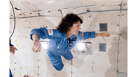 Christa McAuliffe experiencing zero gravity on NASA's "vomit comet" as part of her astronaut training.