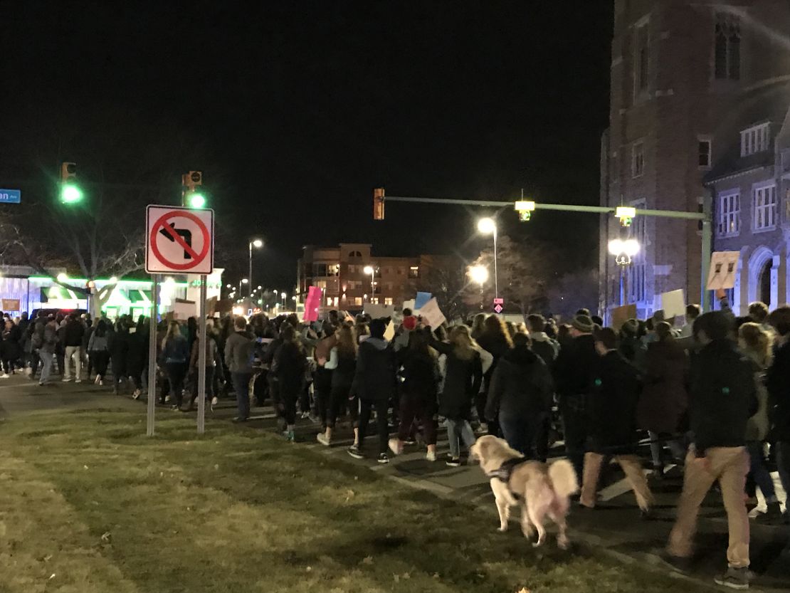 Hundreds of students march toward the MSU administration building on January 26.