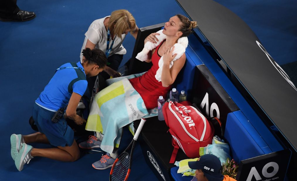 Halep needed a medical timeout in the second set but rebounded. 