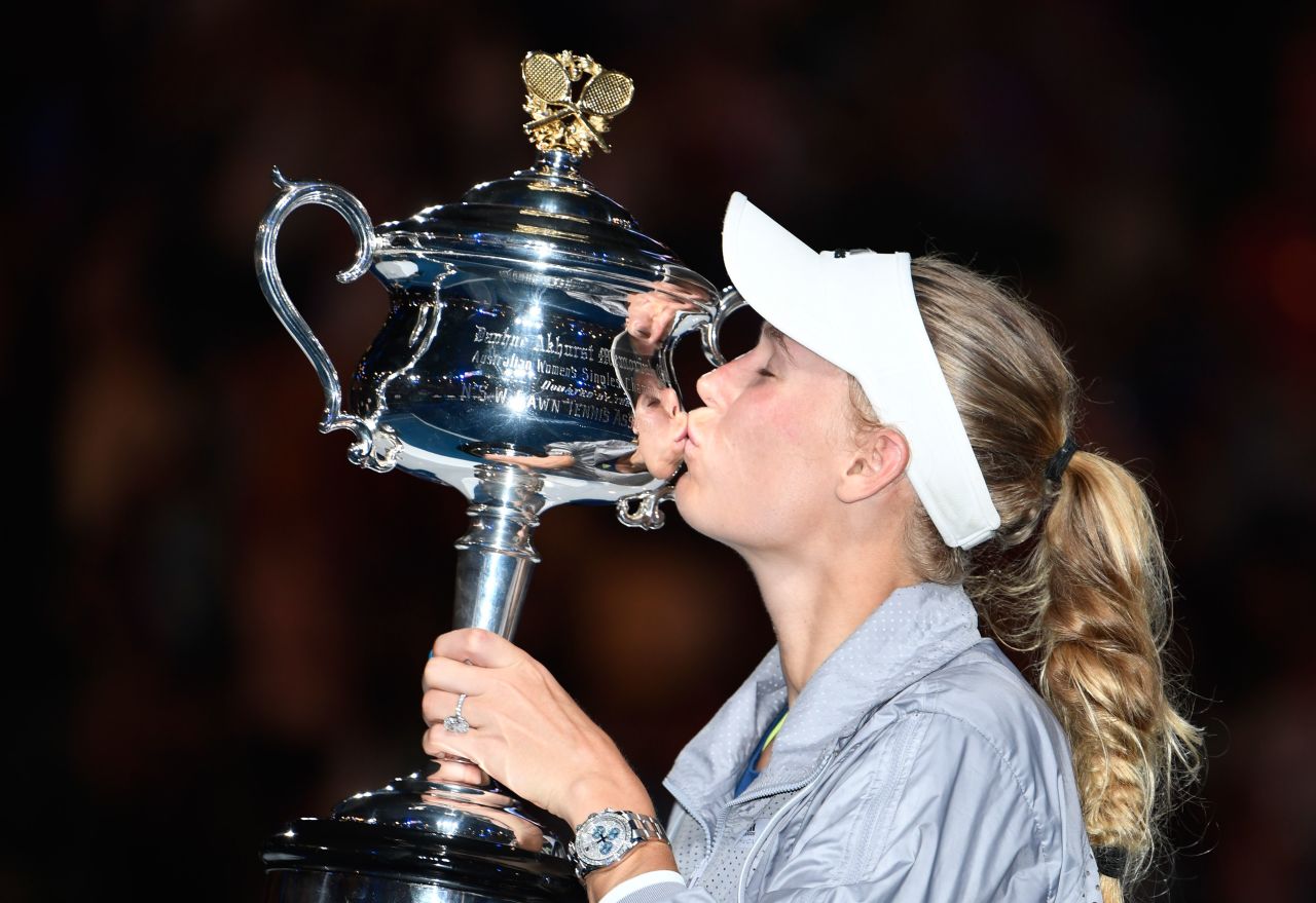 Caroline Wozniacki with the Australian Open trophy. <br />She won a dramatic final...