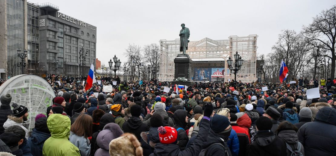 Hundreds of demonstrators fill Pushkinskaya Square in central Moscow.