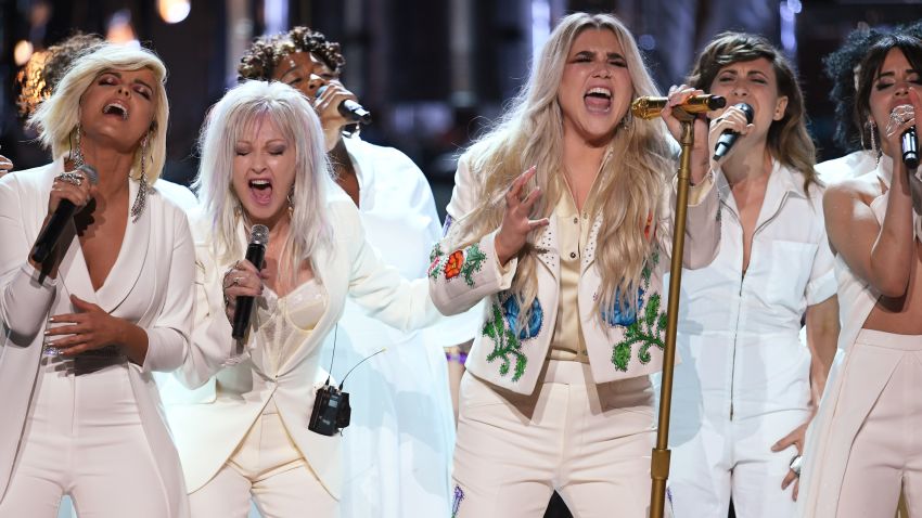 NEW YORK, NY - JANUARY 28:  Recording artist Kesha (C) performs with (L-R) Bebe Rexha, Cyndi Lauper and Camila Cabello onstage during the 60th Annual GRAMMY Awards at Madison Square Garden on January 28, 2018 in New York City.  (Photo by Kevin Winter/Getty Images for NARAS)