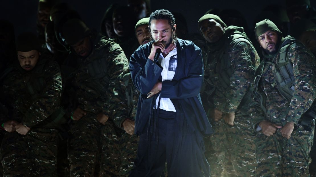 Kendrick Lamar at the 2018 Grammys, where he was joined by U2 and Dave Chapelle.