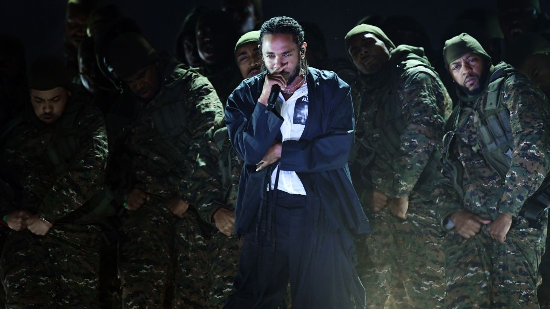 Kendrick Lamar at the 2018 Grammys, where he was joined by U2 and Dave Chapelle. 