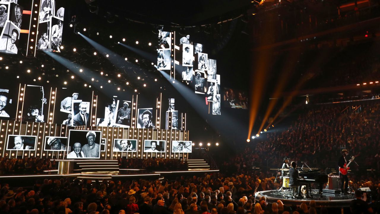 From left, Joe Saylor, Jon Batiste and Gary Clark Jr. perform a tribute to Chuck Berry and Fats Domino. The show was held in New York City's Madison Square Garden. It was the first time in 15 years that the Grammys were held in New York.
