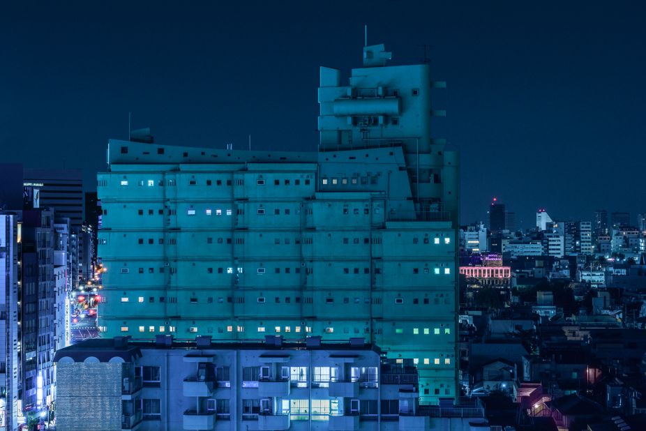 Blachford: "Another perfect example of the Metabolist movement, this apartment tower designed by Yoji Watanabe. It stood dilapidated and abandoned for over 20 years from the 1990s, but was just restored and sold to hip young Tokyo residents, an example of how restoration and profit can work together. I took this from the stairwell of a hotel just next door."