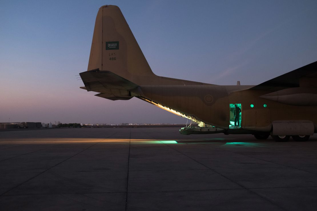 A Saudi C130 Hercules prepares for takeoff at Aden's airport, once the site of heavy battles between Houthis and the self-proclaimed popular resistance of Aden. 