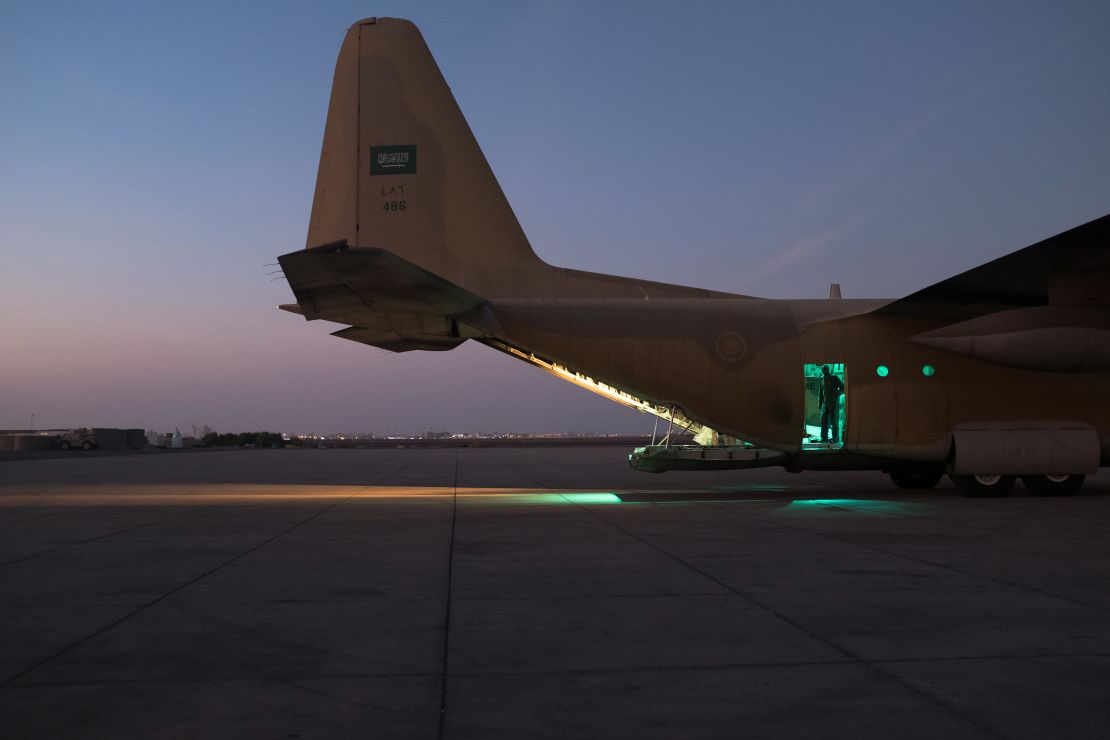 A Saudi C130 Hercules prepares for takeoff at Aden's airport, once the site of heavy battles between Houthis and the self-proclaimed popular resistance of Aden.
