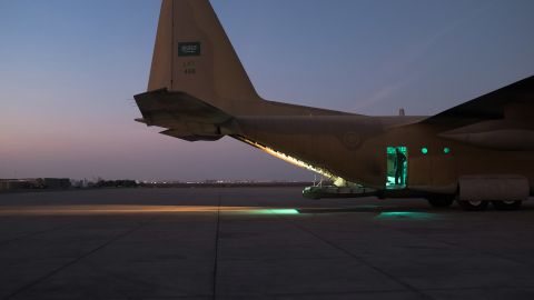 A Saudi C130 Hercules prepares for takeoff at Aden's airport, once the site of heavy battles between Houthis and the self-proclaimed popular resistance of Aden. 