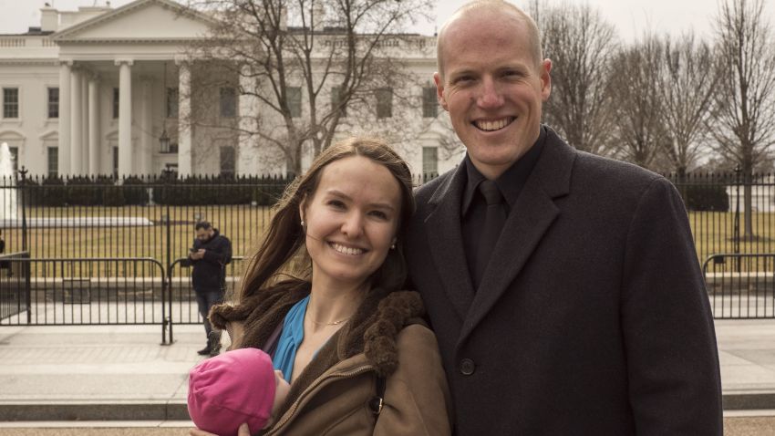 Rebecca and Officer Ryan Holets and their new baby Hope visited the White House on Monday.