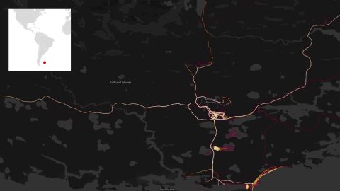 A Strava heatmap showing the Falkland Islands and RAF Mount Pleasant.
