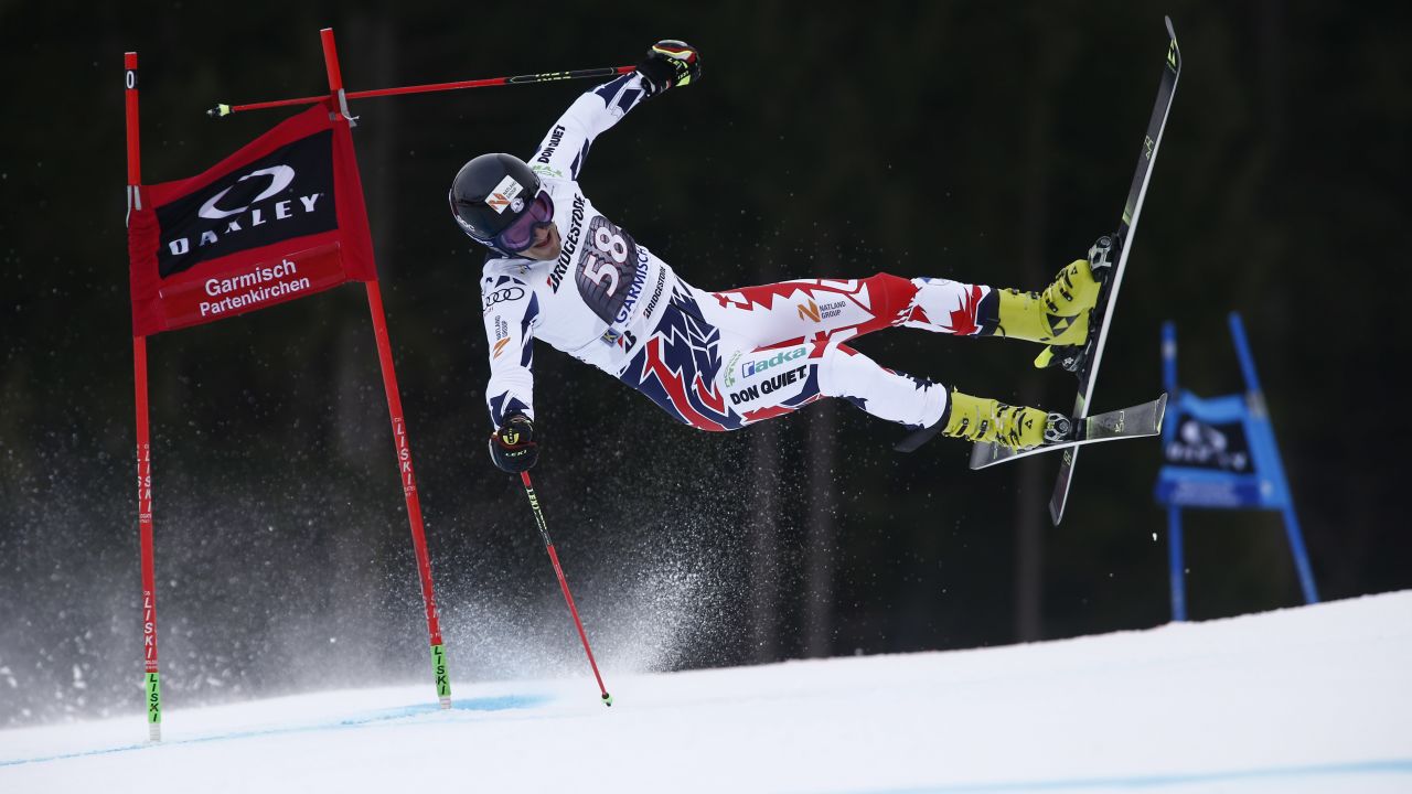 Czech skier Krystof Kryzl crashes during a giant slalom race in Garmisch-Partenkirchen, Germany, on Sunday, January 28. Kryzl injured his knee in the crash and will miss out on the Olympics next month.