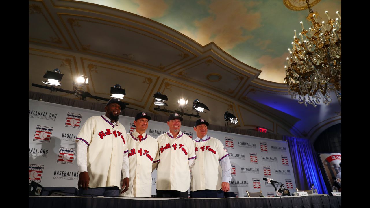 From left, Vladimir Guerrero, Trevor Hoffman, Chipper Jones and Jim Thome pose for a photo after they were introduced as <a href="http://bleacherreport.com/articles/2755820-2018-mlb-hall-of-fame-results-class-list-of-inductees-voting-results" target="_blank" target="_blank">the newest class of the Baseball Hall of Fame</a> on Thursday, January 25.