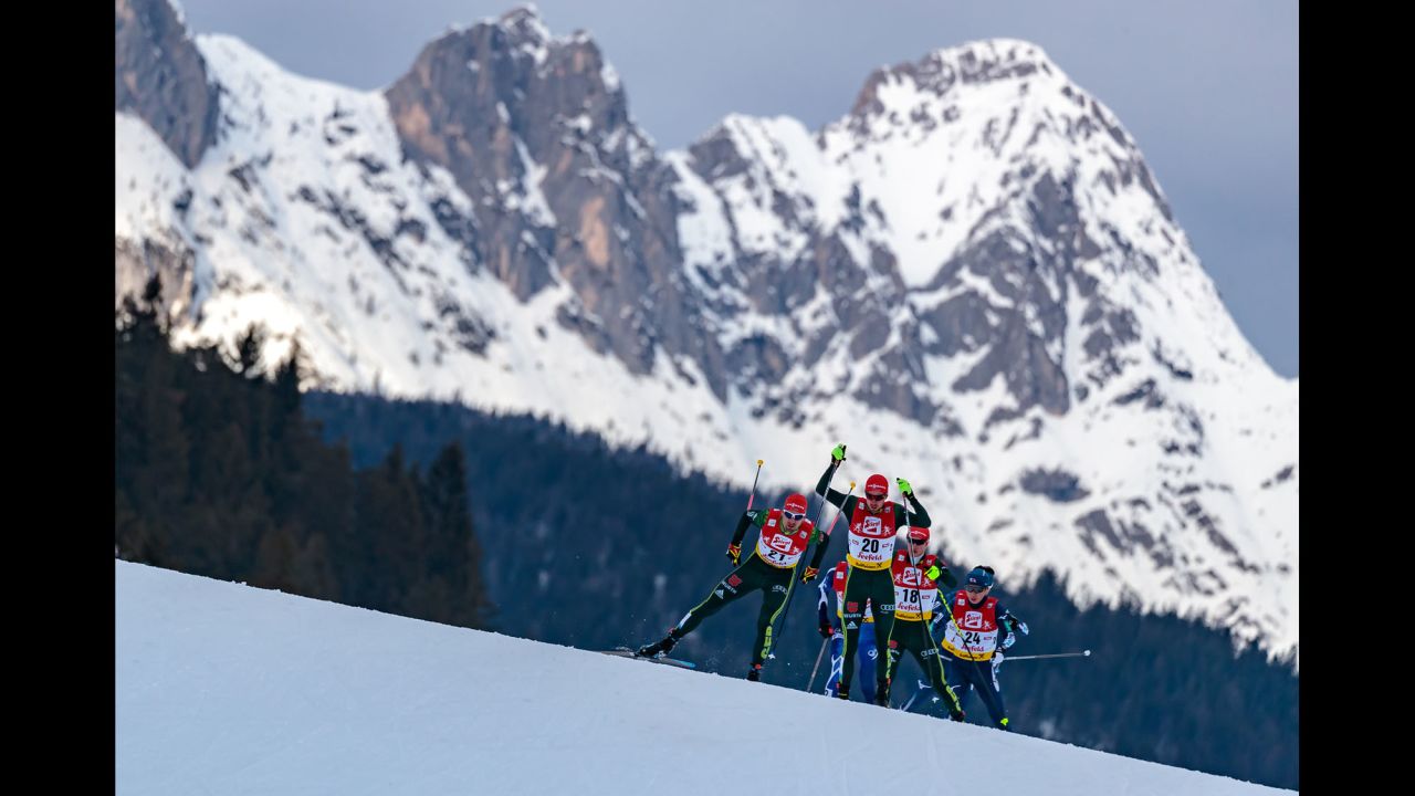 Athletes ski in Seefeld, Austria, during a Nordic-combined competition on Sunday, January 28. 