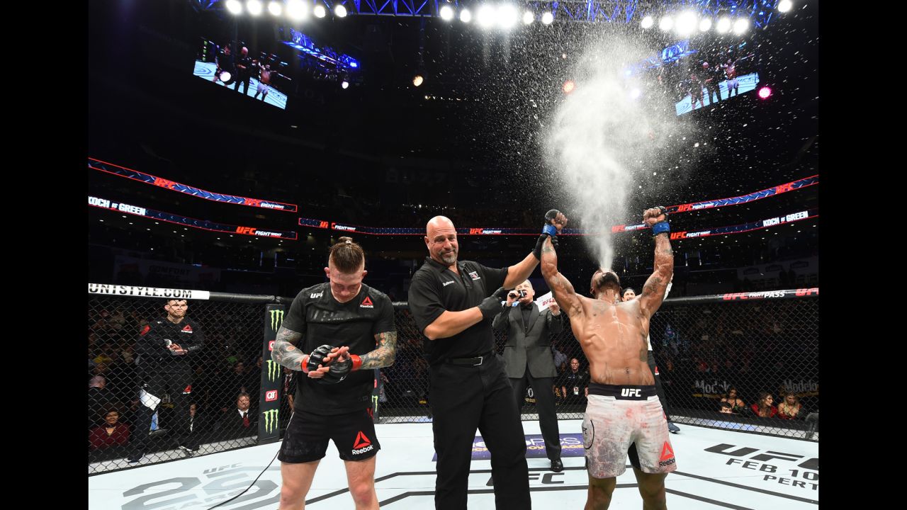 Bobby Green celebrates his victory at a UFC event in Charlotte, North Carolina, on Saturday, January 27. Green won a unanimous decision over Erik Koch.