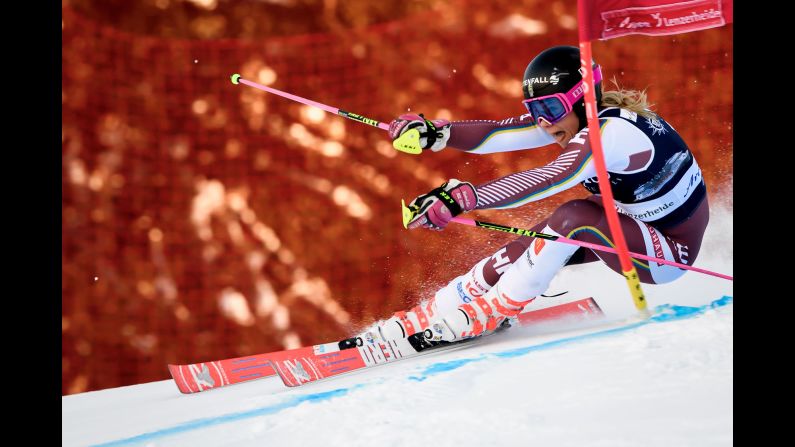 Swedish skier Frida Hansdotter clears a gate during a World Cup race in Lenzerheide, Switzerland, on Saturday, January 27.