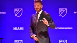 MIAMI, FL - JANUARY 29: David Beckham waves to the crowd at the beginning of the press conference awarding Miami with an MLS franchise at the Knight Concert Hall on January 29, 2018 in Miami, Florida. (Photo by Eric Espada/Getty Images)
