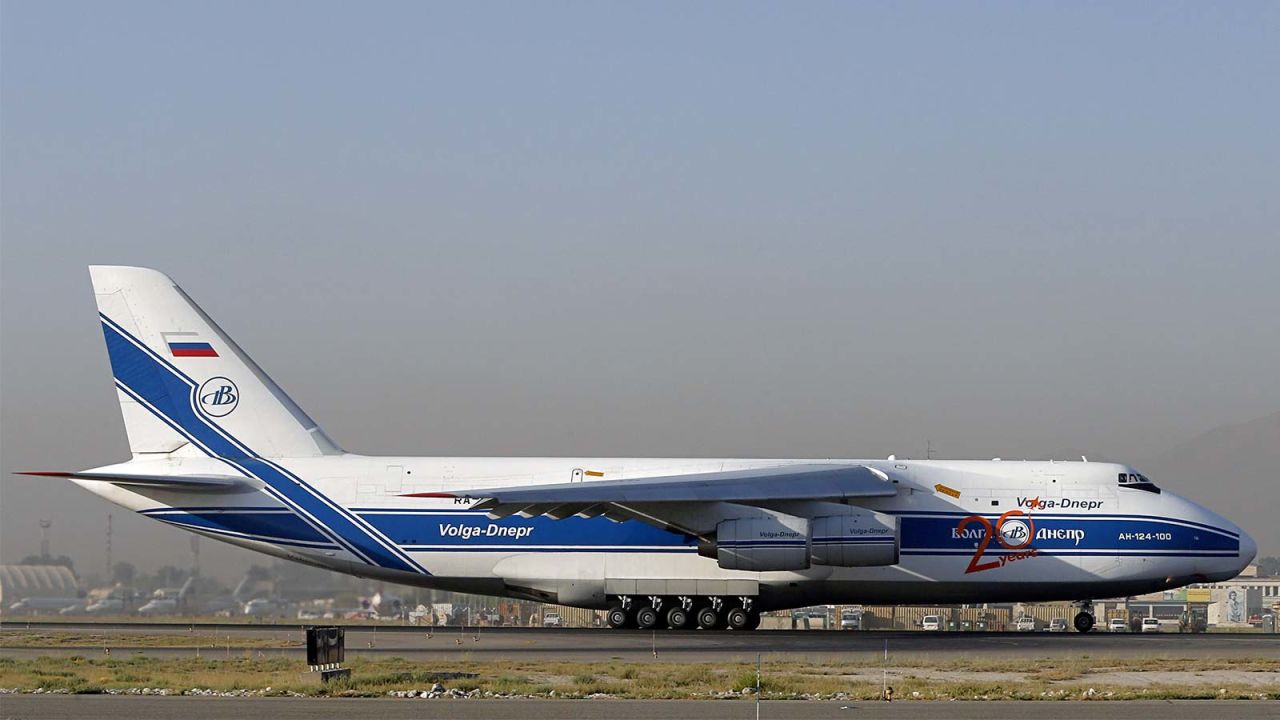 An Antonov AN 124-100 takes off after loading freight at Kabul International airport. 