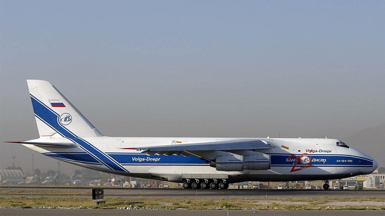 An Antonov AN 124-100 takes off after loading freight at Kabul International airport.