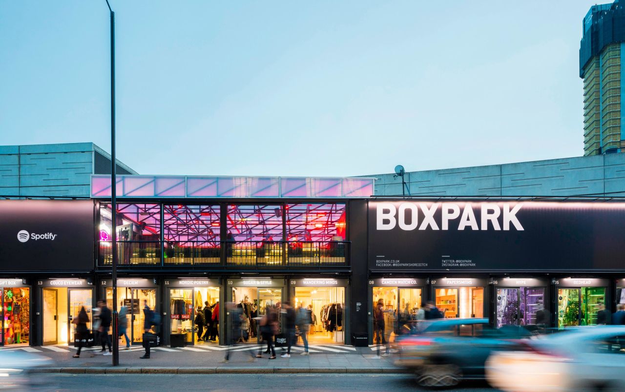 Boxpark Shoreditch, one of the world's first container-based pop-up malls, opened in East London in 2011.