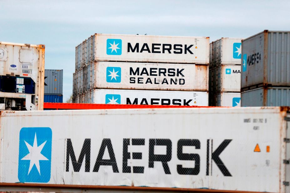 Intermodal shipping containers showing the logo of Maersk, the largest shipping company in the world, on the docks of Le Havre's harbor in France. Some of Maersk's containers still bear the word "Sealand," the company founded by the inventor of the container Malcolm McLean.
