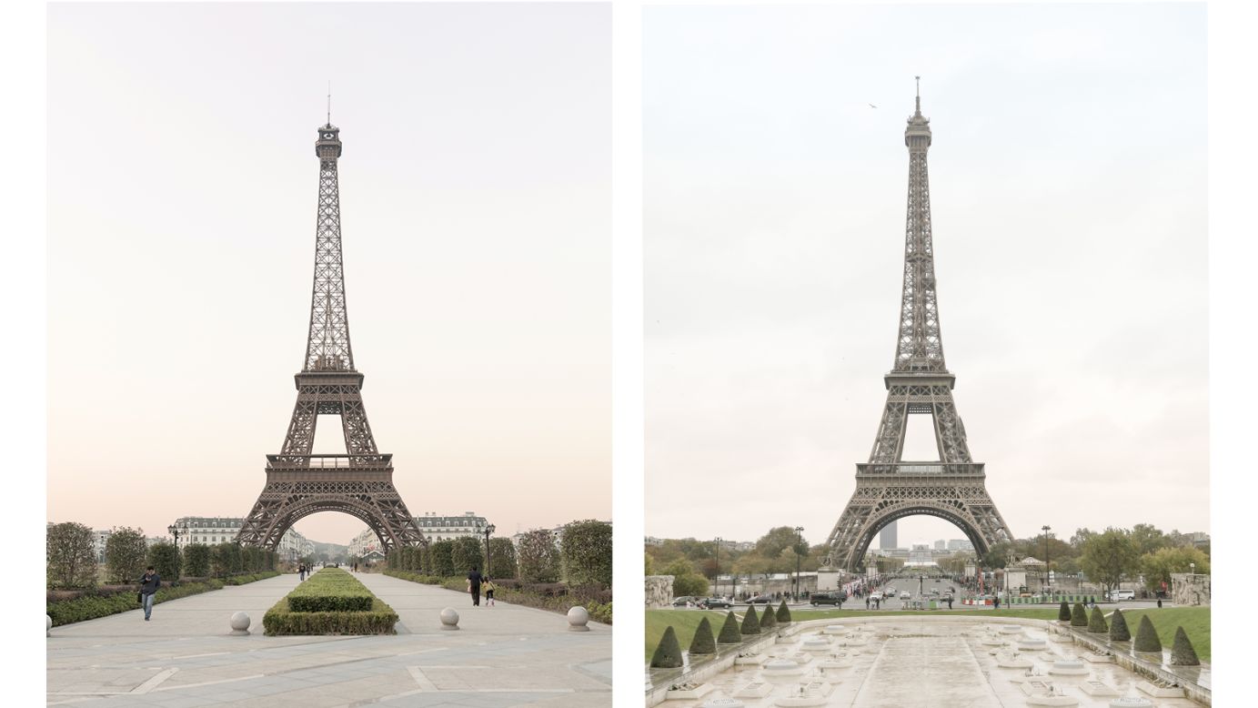 <strong>Paris or China?</strong>: Parisian photographer Francois Prost traveled to Tianducheng, China. This suburb of Hangzhou, Zhejiang Province is a life size replica of Paris, France. Prost produced a photo series comparing the two locations, titled "<a href="http://francoisprost.com/portfolio-item/paris-syndrome/" target="_blank" target="_blank">Paris Syndrome.</a>" <em>Pictured here: Left -- Eiffel Tower replica in Tianducheng, China. Right -- Eiffel Tower in Paris.</em>
