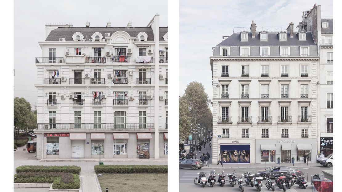 The buildings in Tianducheng are careful recreations of Parisian sights. Pictured here: Left -- Parisian block replica in Tianducheng, China. Right -- Parisian block in Paris.
