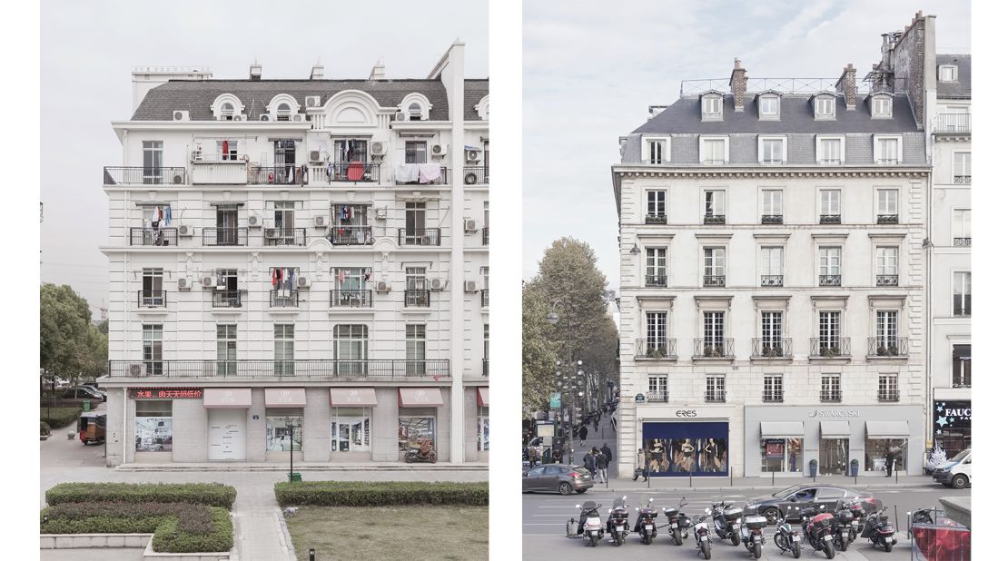 <strong>Seeing double</strong>: Prost also read up on the concept of duplitecture -- when cities are replicated in other places across the world. I read this and it filtered through my brain somehow, says the photographer. <em>Pictured here: Left -- Parisian block replica in Tianducheng, China. Right -- Parisian block in Paris.</em>