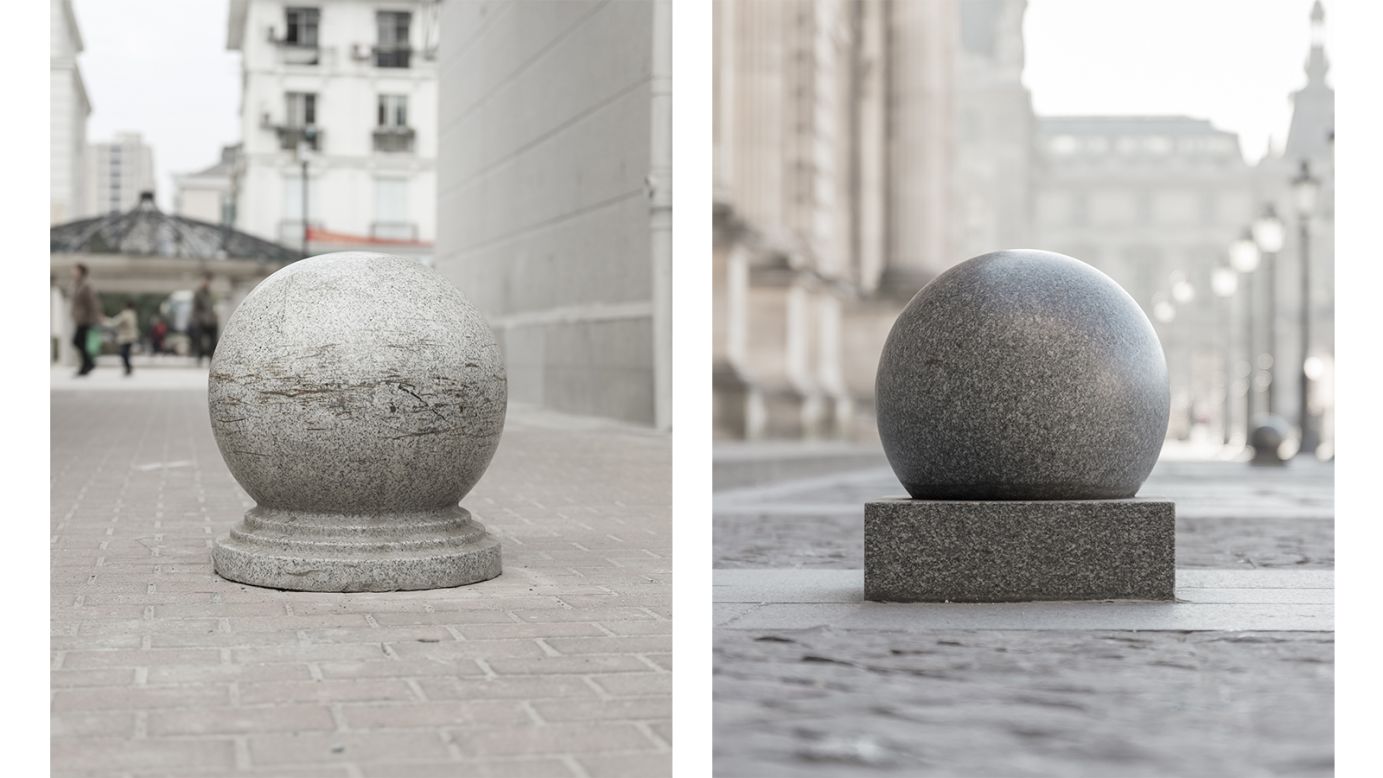 <strong>Expectation versus reality: </strong>Another inspiration behind Prost's project was the concept of Stendhal Syndrome -- when tourists visit a well-known destination and become overwhelmed by the expectation versus the reality of the city. <em>Pictured here: Left -- urban furniture in Tianducheng, China. Right -- urban furniture in Paris.</em>