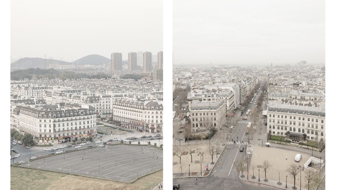 Prost says his work is just a snapshot of life in Tianducheng. Pictured here: Left --  city view in Tianducheng, China. Right -- city view in Paris.