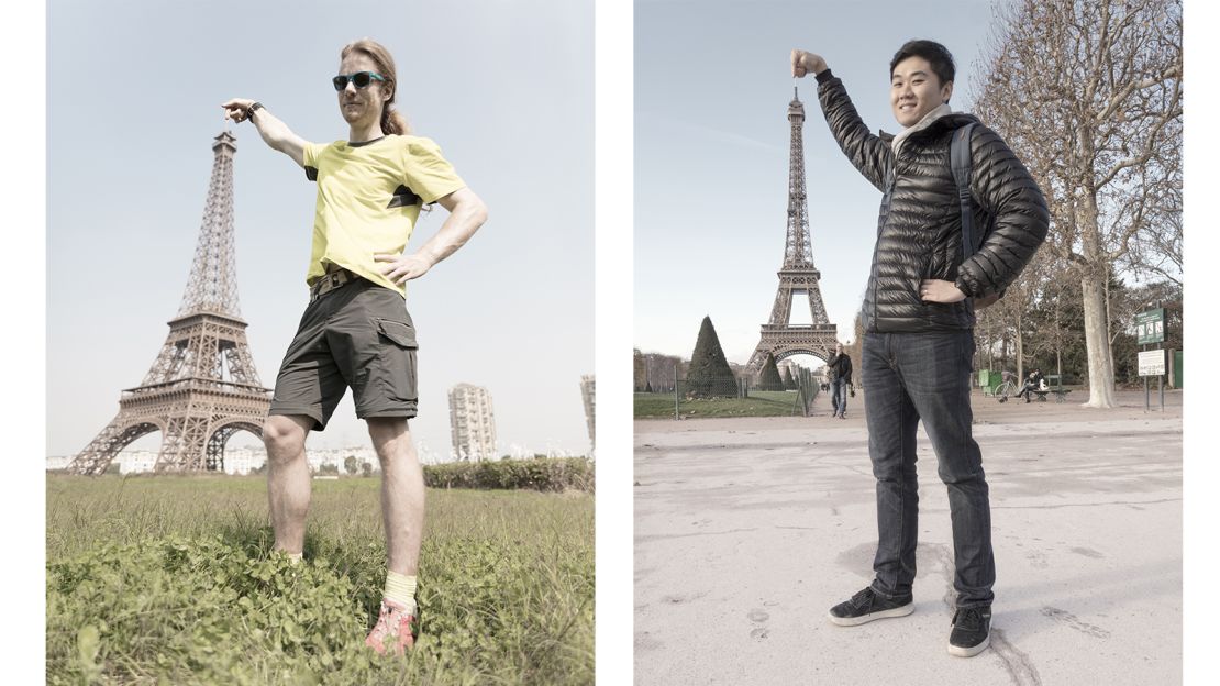 In Prost's photos, it's not always easy to ascertain which Paris is "real." Pictured here: Left -- Eiffel Tower pose in Tianducheng, China. Right -- Eiffel Tower pose in Paris.