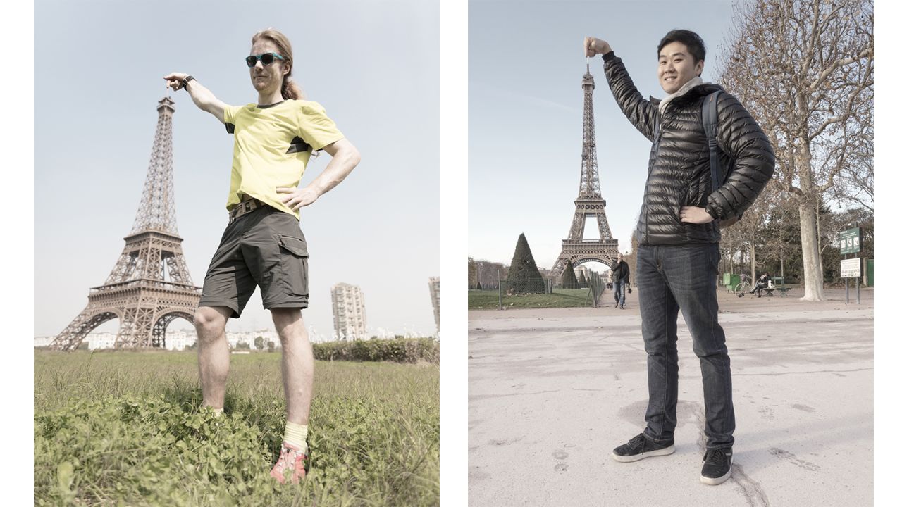 In Prost's photos, it's not always easy to ascertain which Paris is real. Pictured here: Left -- Eiffel Tower pose in Tianducheng, China. Right -- Eiffel Tower pose in Paris.