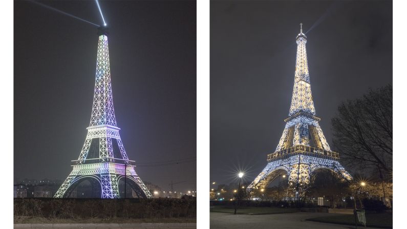<strong>Dual realities:</strong> Tianducheng is meticulous in its recreation -- in fact, in Prost's photos, it's not always easy to determine which Paris is "real." Prost says arriving in Tianducheng was eerie: "The first thing I saw was the Eiffel Tower and it looked quite impressive," he says. <em>Pictured here: Left -- replica Eiffel Tower at night in Tianducheng, China. Right -- Eiffel Tower at night in Paris.</em>
