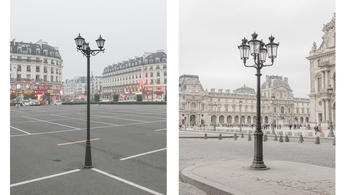 Prost says a key difference between Tianducheng and Paris is that Paris looks older. Pictured here: Left -- lamp post in Tianducheng, China. Right -- lamp post in Paris.