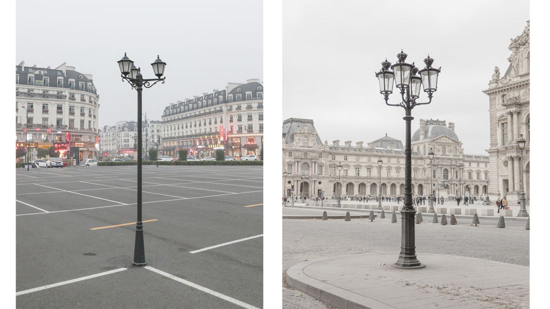 <strong>Contrast between old and new:</strong> There were some key differences. Of course it was very strange because it's pretty new, so there's not the oldness that some stones can have in Paris, says Prost. <em>Pictured here: Left -- lamp post in Tianducheng, China. Right -- lamp post in Paris.</em>