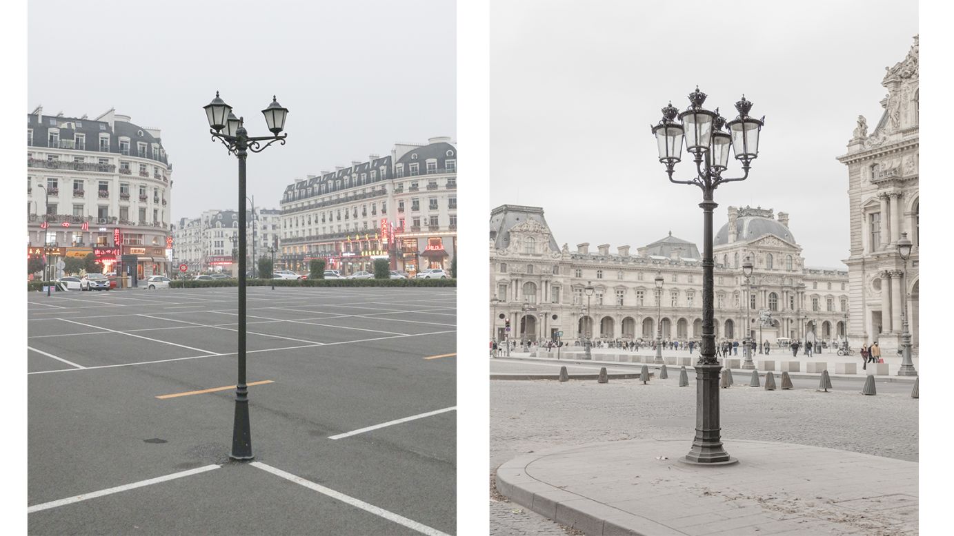 <strong>Contrast between old and new:</strong> There were some key differences. "Of course it was very strange because it's pretty new, so there's not the oldness that some stones can have in Paris," says Prost. <em>Pictured here: Left -- lamp post in Tianducheng, China. Right -- lamp post in Paris.</em>