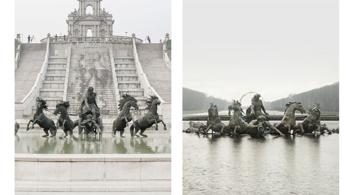 Left: Tianducheng's version of the Versallies Neptune Fountain. Right: The real deal.