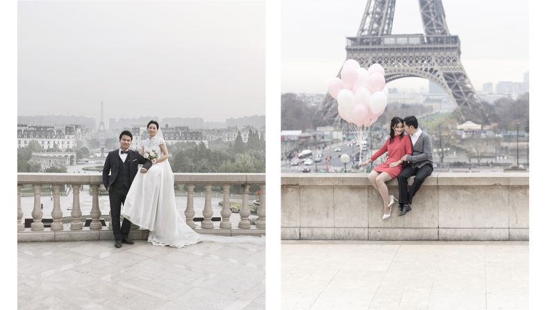 <strong>Wedding bells:</strong> Just like in Paris, Tianducheng is a great spot for a wedding photo. <em>Pictured here: Left -- wedding in replica Paris, Tianducheng, China. Right --  wedding in Paris.</em>