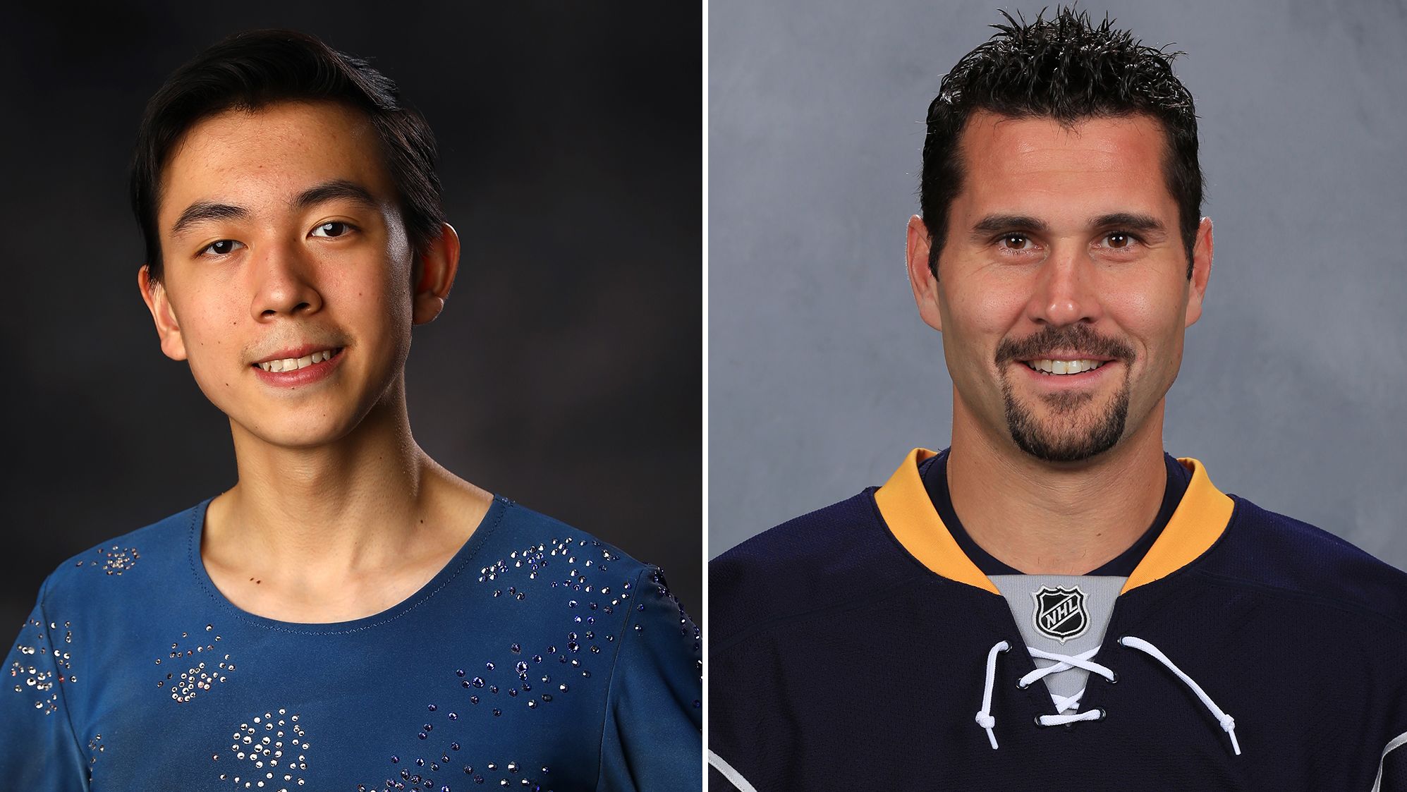 On the left, Vincent Zhou, 17, is this year's youngest US Olympian and Brian Gionta, 39, is the oldest.