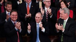 US Representative Steve Scalise (C) gestures as US President Donald Trump speaks during the State of the Union address at the US Capitol in Washington, DC, on January 30, 2018. (Photo credit should read SAUL LOEB/AFP/Getty Images)