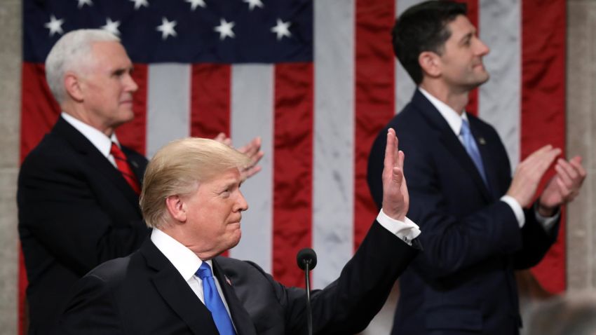WASHINGTON, DC - JANUARY 30:  U.S. President Donald J. Trump waves during the State of the Union address as U.S. Vice President Mike Pence (L) and Speaker of the House U.S. Rep. Paul Ryan (R-WI) (R) look on in the chamber of the U.S. House of Representatives January 30, 2018 in Washington, DC. This is the first State of the Union address given by U.S. President Donald Trump and his second joint-session address to Congress.  (Photo by Win McNamee/Getty Images)