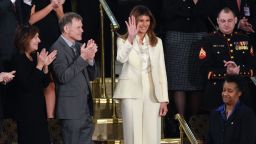 First Lady Melania Trump waves as she arrives for the State of the Union address at the US Capitol in Washington, DC, on January 30, 2018.