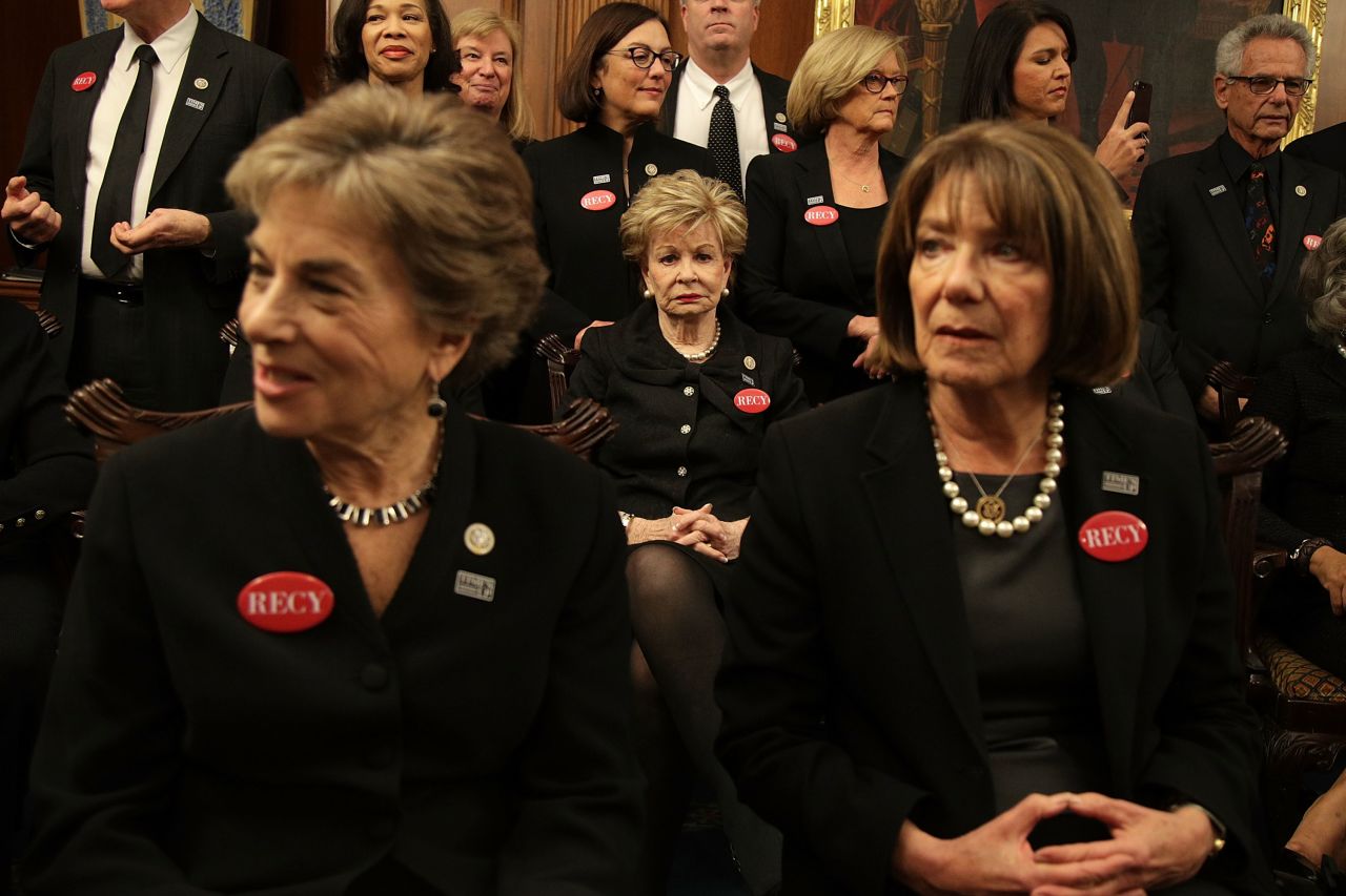 Rep. Jan Schakowsky (D-IL), Rep. Madeleine Bordallo (D-GU), Rep. Susan Davis (D-CA) and other House Democrats wear black to a photo-op for President Donald Trump's first State of the Union address. House Democrats plan to show up in black when attending the State of the Union address this evening in support iof the #MeToo and #TimesUp movements.