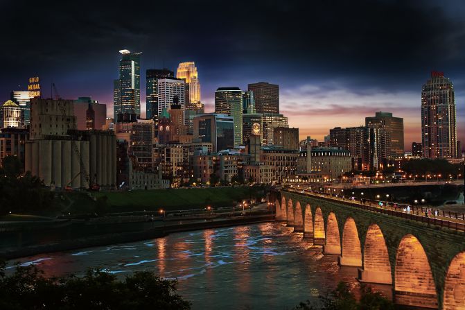 The Stone Arch Bridge spans the Mississippi River below St. Anthony Falls in downtown Minneapolis. The former railroad bridge was built in 1883 out of native granite and limestone.