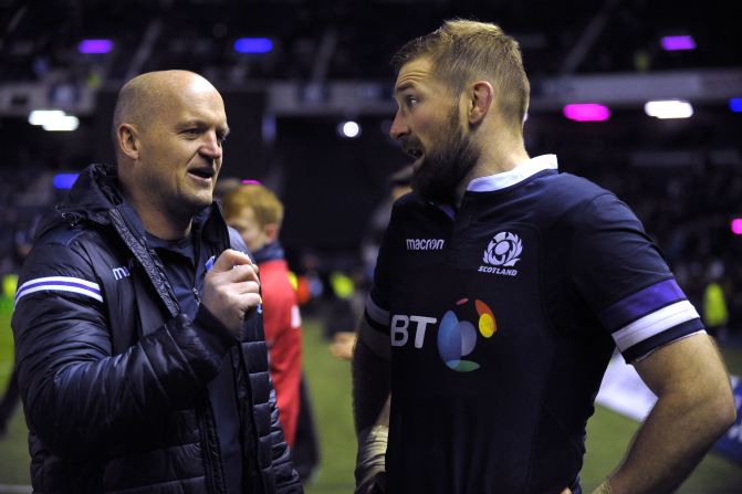 Coach Gregor Townsend (left) took charge of the side in May last year, in which time he has overseen four wins and two losses. He's pictured here with captain John Barclay as the pair celebrate beating Australia. 