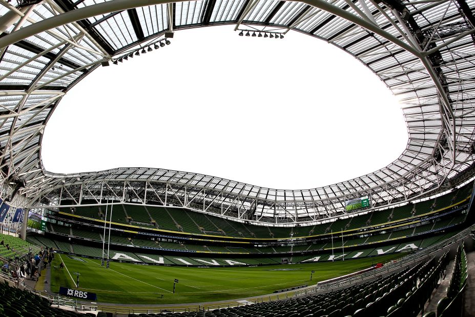 The distinctive, curved roof of the Aviva Stadium in Dublin will play host to Irish encounters with Italy, Wales and Scotland.