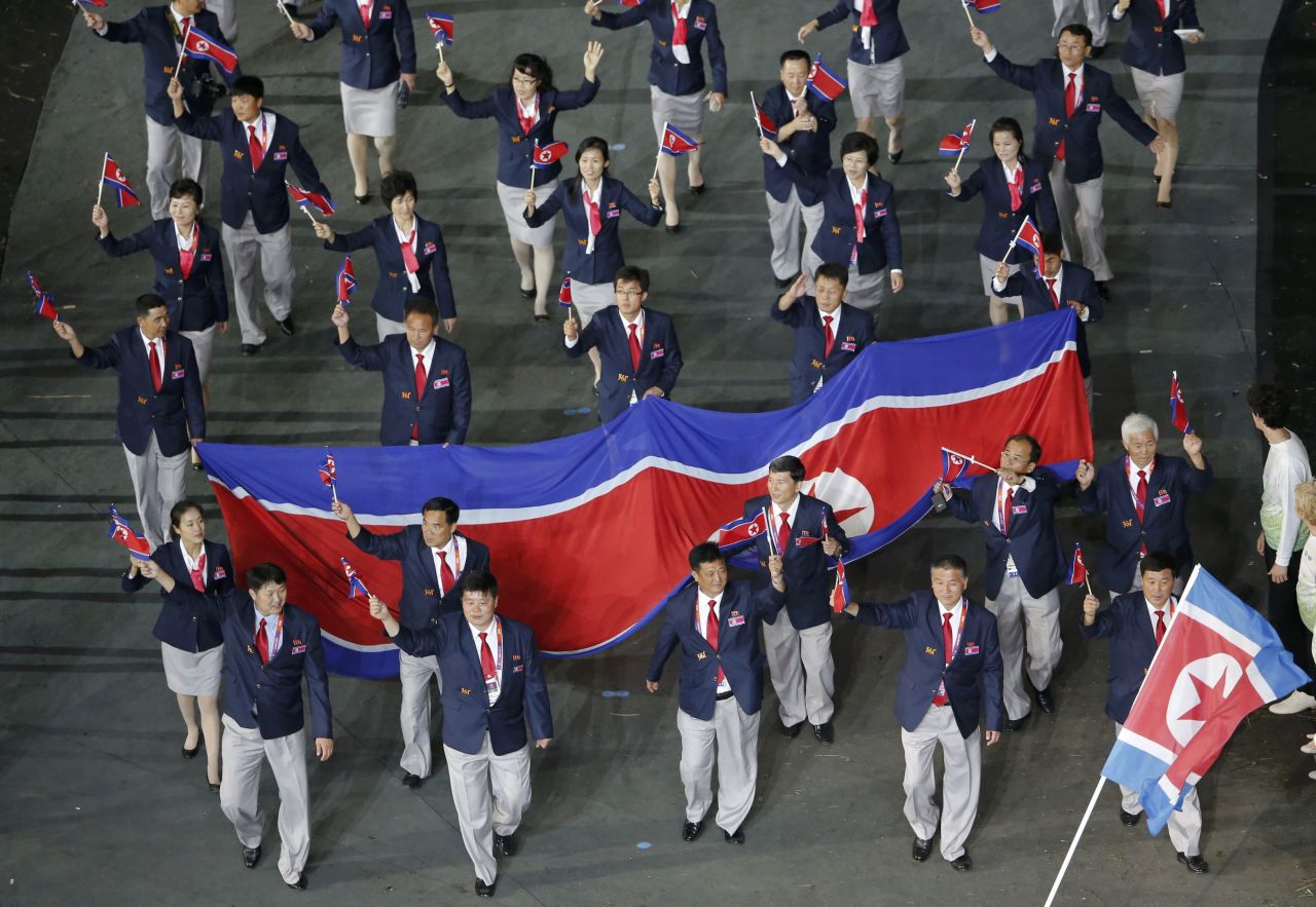 North Korea's athletes parade during the opening ceremony of the London 2012 Olympic Games on July 27, 2012 at the Olympic stadium in London.